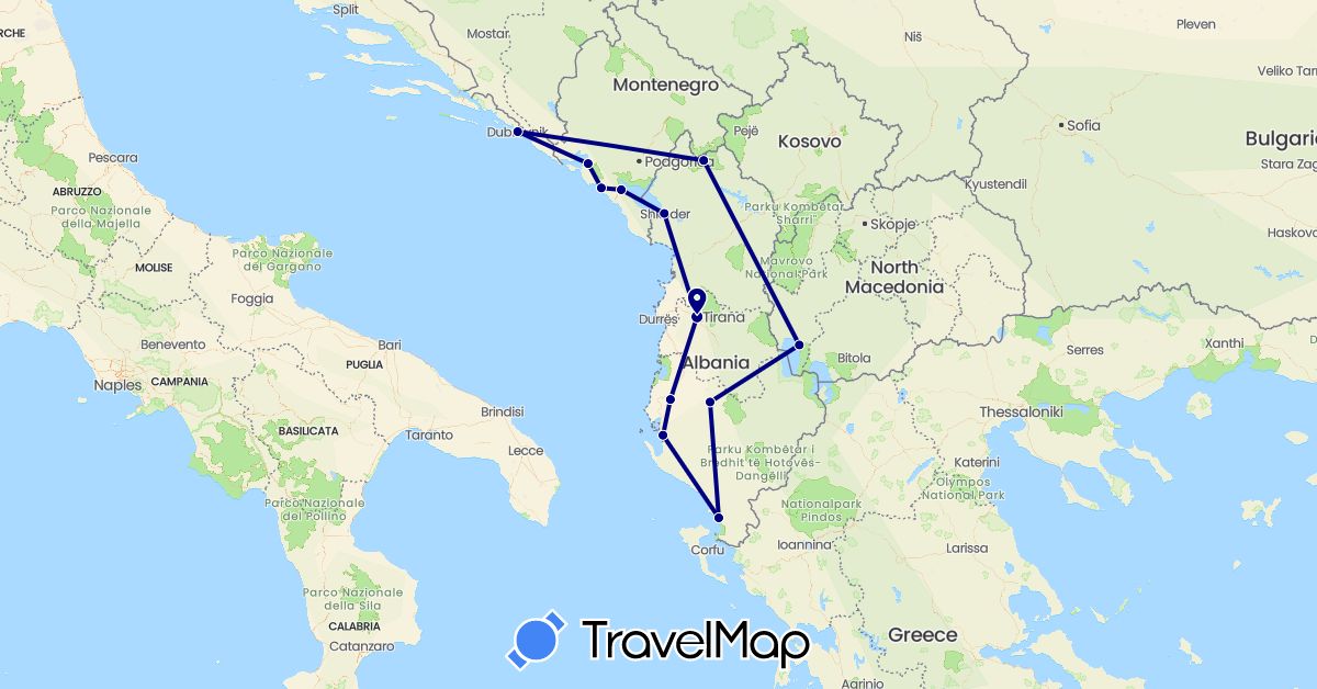 TravelMap itinerary: driving in Albania, Croatia, Montenegro, Macedonia (Europe)